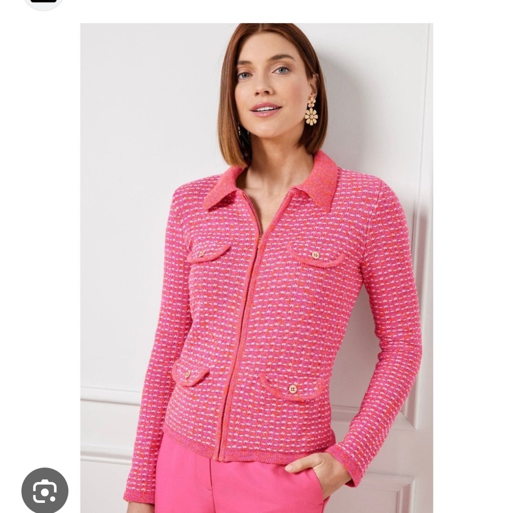 Talbots Lady Jacket Zip Cardigan Sweater Pink Girlcore Metallic Knit Size LP